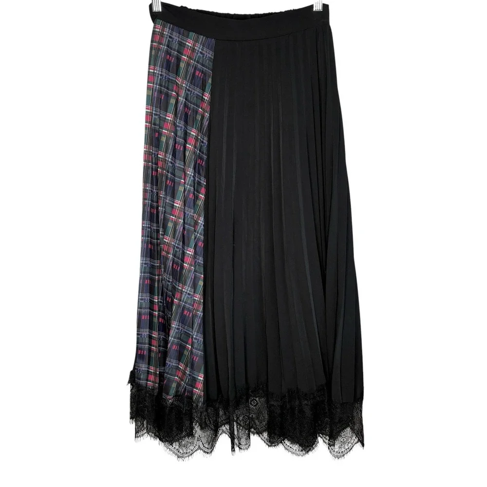 Zero Degrees Celsius Pleated Plaid Lace Skirt S Preppy Steampunk Midi Whimsigoth